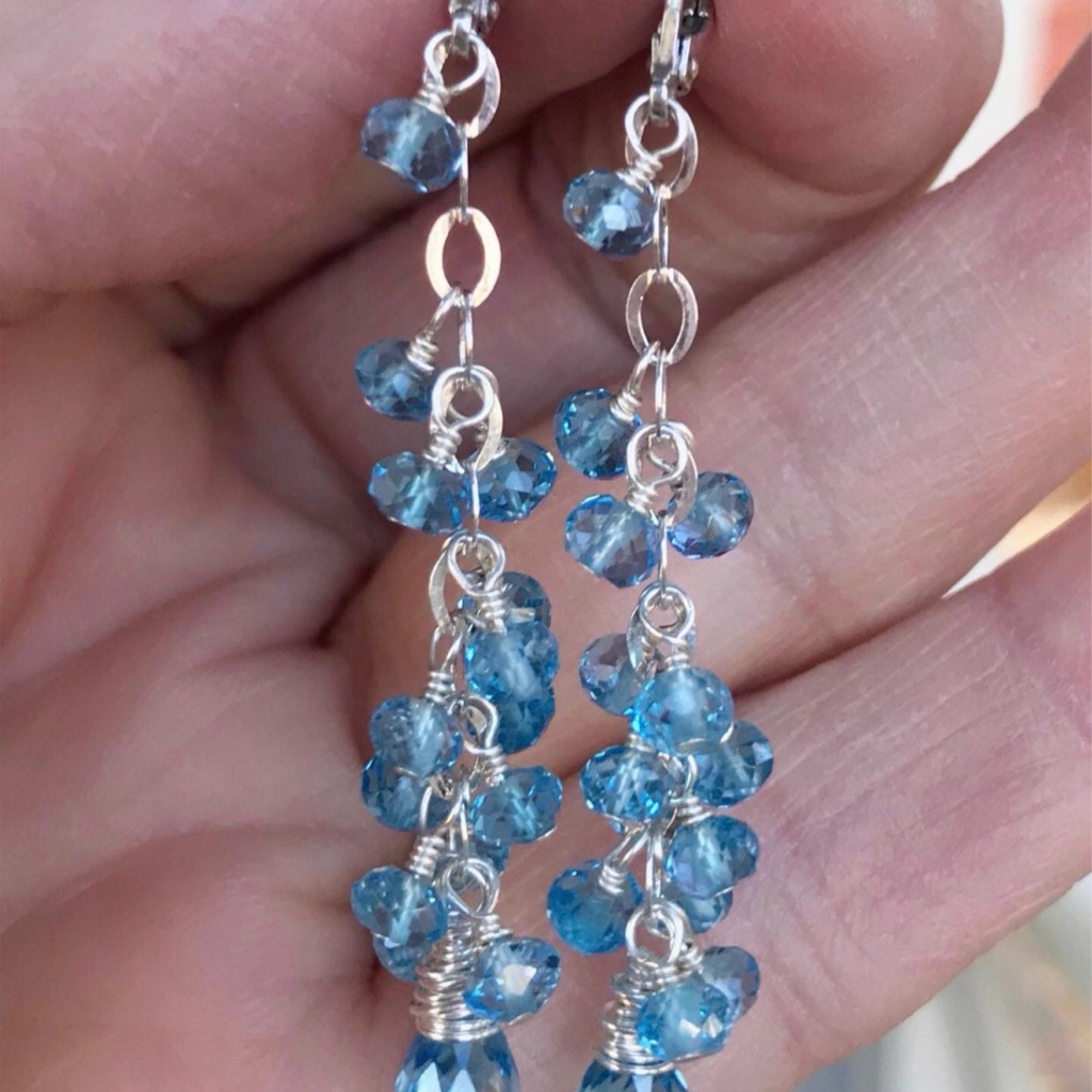 Blue And Gold Dangle Earrings, Blue Topaz, Long Earrings,Swiss Bluetopaz